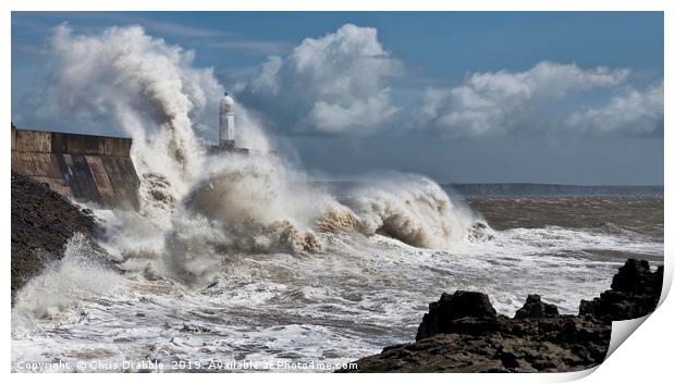 Porthcawl lighthouse in a storm  Print by Chris Drabble
