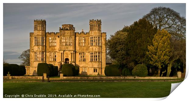 Barlborough Hall in the last light of the day Print by Chris Drabble