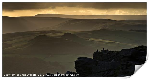 Bamford Edge at sunset, the Peak District, England Print by Chris Drabble