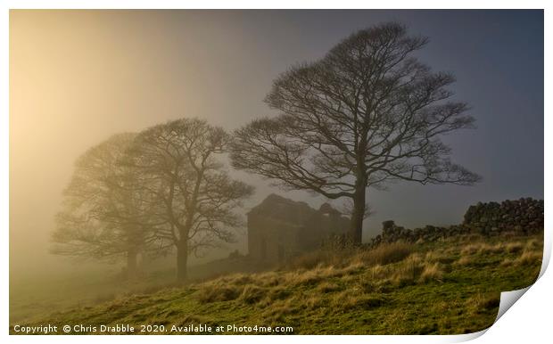 Roach End Barn with a ground mist rolling in Print by Chris Drabble
