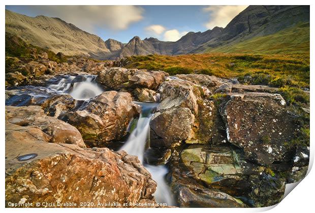 Waterfalls at the Fairy Pools Print by Chris Drabble