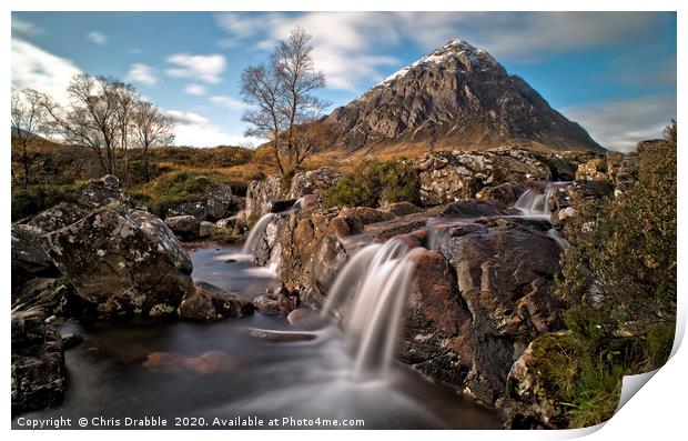 Buachaille Etive Mor with River Coupall waterfalls Print by Chris Drabble