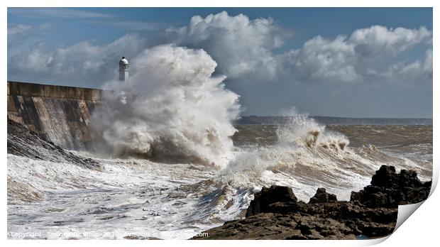 Porthcawl lighthouse in a storm Print by Chris Drabble