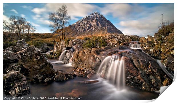 Buachaille Etive Mor with River Coupall waterfalls Print by Chris Drabble