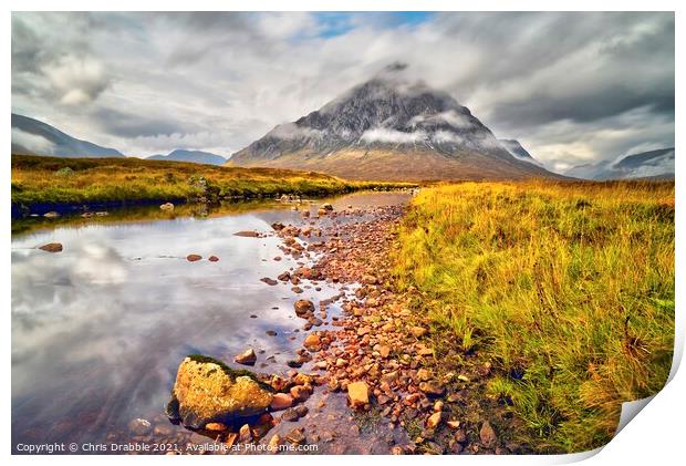 Sky reflections at Buachaille Etive Mor Print by Chris Drabble