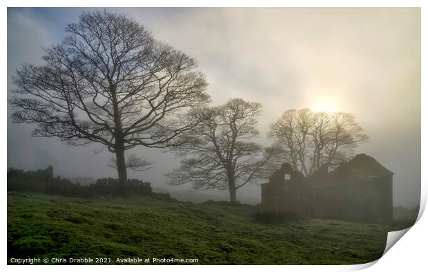 Roach End Barn shrouded in mist (7) Print by Chris Drabble