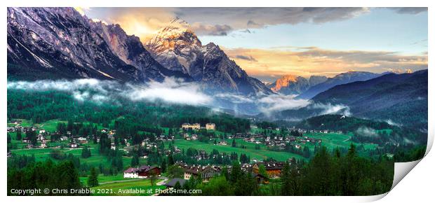 Cortina D'Ampezzo at sunset Print by Chris Drabble
