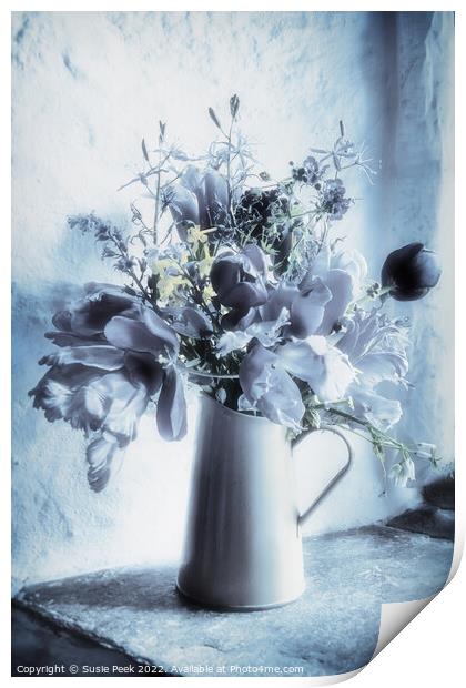 Rustic Elegance: Blue-Toned Floral Display Print by Susie Peek