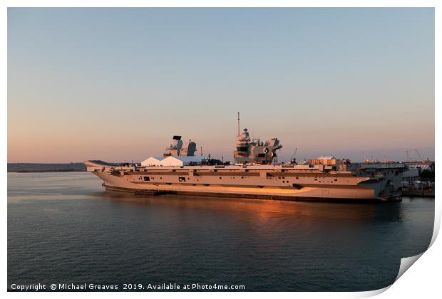 HMS Queen Elizabeth in Portsmouth at sunset Print by Michael Greaves
