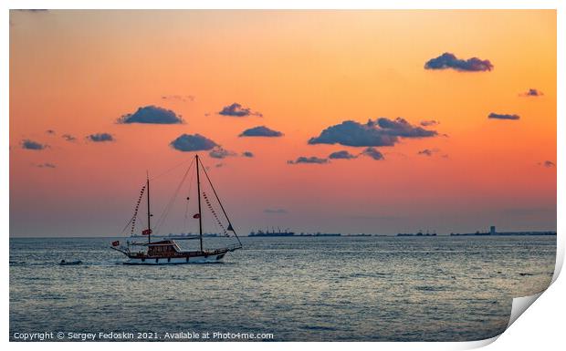 Sailing yacht in Marmara sea. Sunset time Print by Sergey Fedoskin