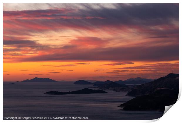 Sunset view from Croatians montains, to Dalmatian coast of the Adriatic Sea. Print by Sergey Fedoskin