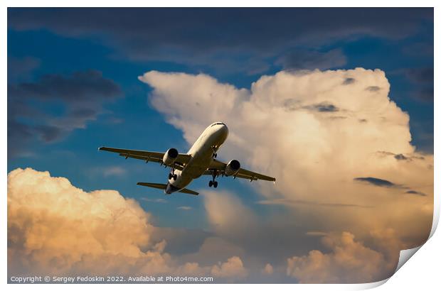 Passenger commercial aircraft flying on a dramatic sky background. Print by Sergey Fedoskin