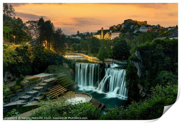 Waterfall in city of Jajce, Bosnia and Hercegovina. Print by Sergey Fedoskin