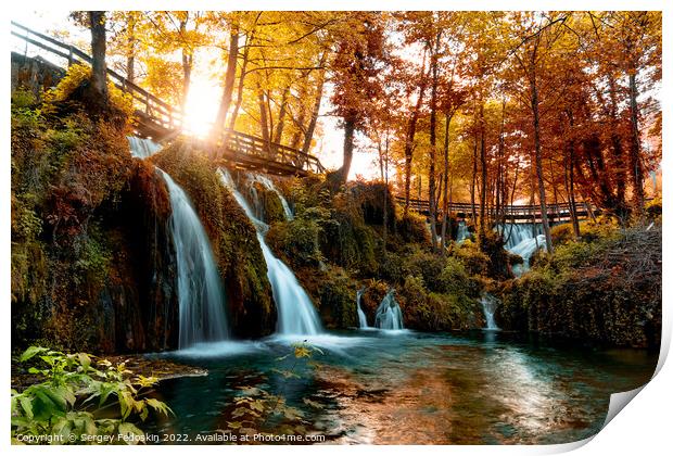 Autumn landscape with waterfalls on Pliva river near Jajce city. Bosnia and Herzegovina. Print by Sergey Fedoskin
