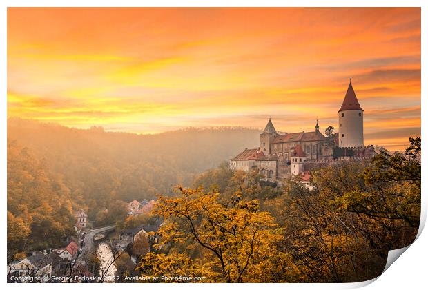 Krivoklat castle at sunset. Autumn evening. Czech Republic. Print by Sergey Fedoskin