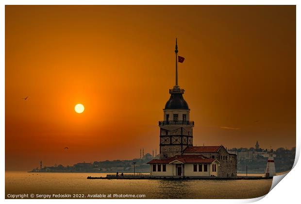 Maiden Tower (Kiz Kulesi) in Istanbul in the evening with sunset sky. Bosporus strait. Print by Sergey Fedoskin