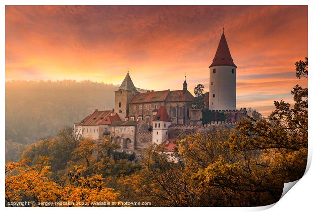 Krivoklat castle at sunset. Autumn evening. Czech Republic. Print by Sergey Fedoskin