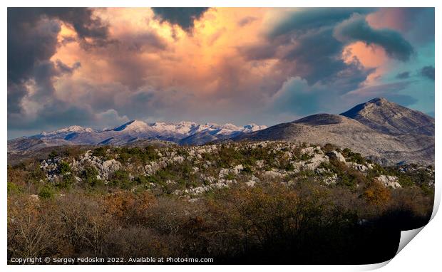 Dramatic sunset over mountains. Colorful sky. Print by Sergey Fedoskin