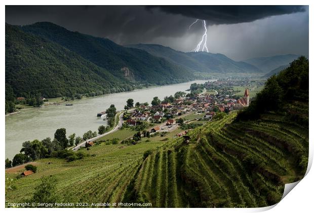 Thunderstorm with lightning over Weissenkirchen village. Print by Sergey Fedoskin