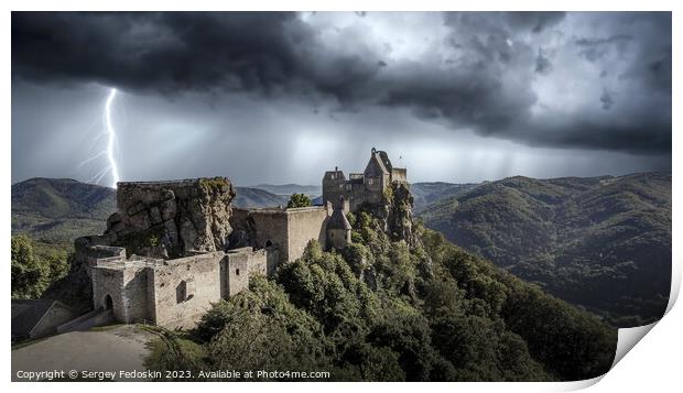 Thunderstorm with lightning over Aggstein castle.  Print by Sergey Fedoskin