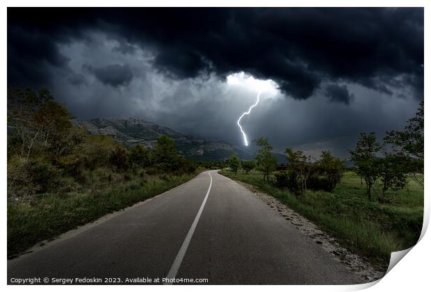 Lightning over mountains road Print by Sergey Fedoskin