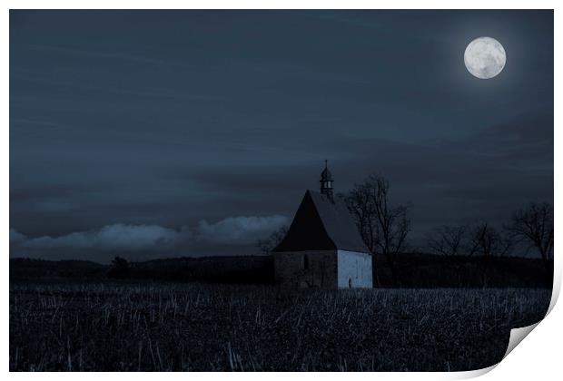 Old church in full moon night. Dobronice u Bechyne Print by Sergey Fedoskin