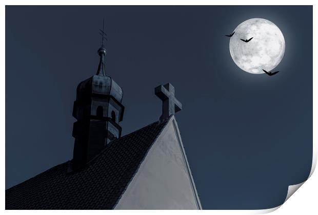 Night sky and the moon behind the church. Print by Sergey Fedoskin