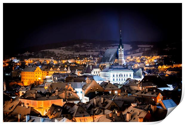 Night view at Cesky Krumlov. Czech Republic. Print by Sergey Fedoskin