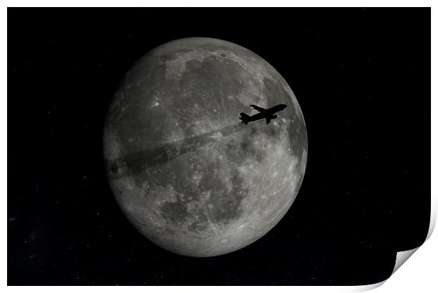 Airplane flying across a full moon. Print by Sergey Fedoskin