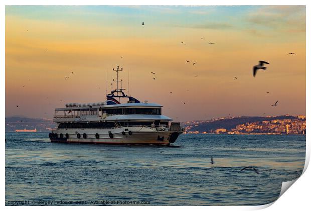 Cruise ferries in Bosphorus between european and asian coasts of Print by Sergey Fedoskin