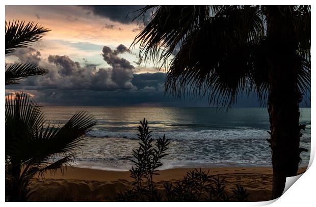Dramatic sunset over the sea with palm trees. Print by Sergey Fedoskin
