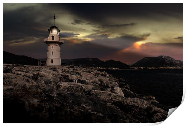 Lighthouse on a mediterranean coast at night. Print by Sergey Fedoskin