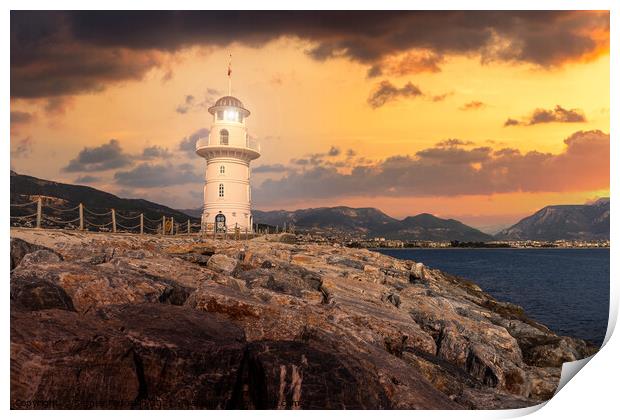 Lighthouse on a mediterranean coast of Alanya. Turkey. Print by Sergey Fedoskin