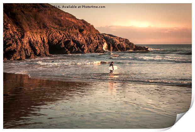 Surfer at Caswell, Swansea Print by bethan griffiths