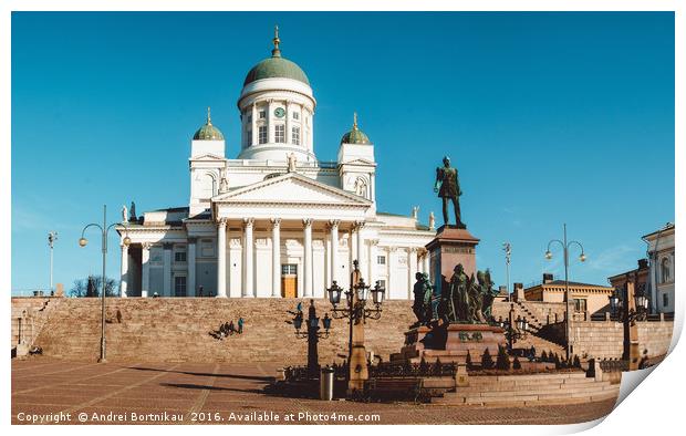 Senate Square in Helsinki. Cathedral and a monumen Print by Andrei Bortnikau