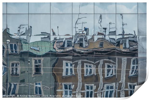 Building reflection on Ghetto Heroes Square Print by Andrei Bortnikau