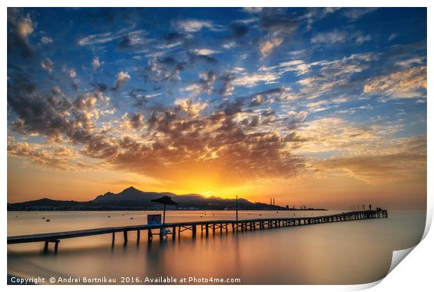 Puerto de Alcudia beach pier at sunrise in Mallorc Print by Andrei Bortnikau
