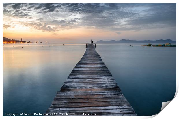 Puerto de Alcudia beach pier at sunrise in Mallorc Print by Andrei Bortnikau