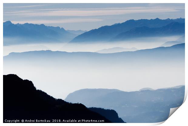 Misty mountains in Alps, Italy Print by Andrei Bortnikau