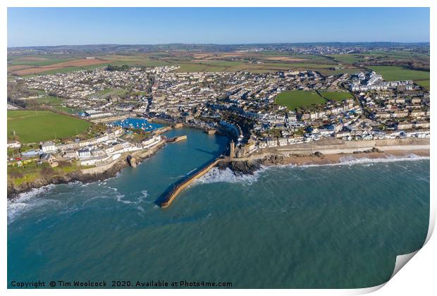 Porthleven harbour on a stunning winters day Print by Tim Woolcock