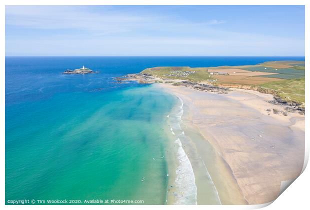 Aerial photography of Godrevy beach and lighthouse  Print by Tim Woolcock