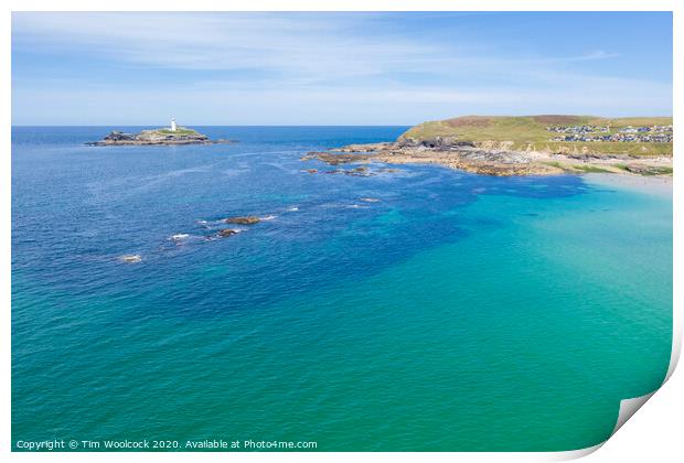 Aerial photography of Godrevy beach and lighthouse  Print by Tim Woolcock