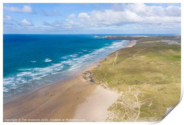 Aerial photograph of Perranporth Beach nr Newquay, Cornwall, England. Print by Tim Woolcock