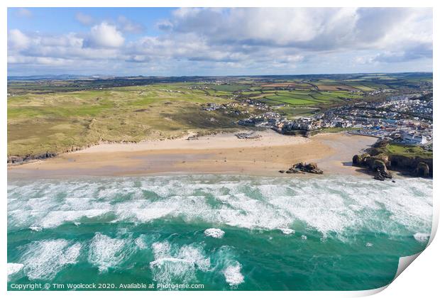 Aerial photograph of Perranporth Beach nr Newquay, Cornwall, England. Print by Tim Woolcock