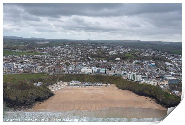 Aerial photograph of Newquay beach with a moody sky Print by Tim Woolcock