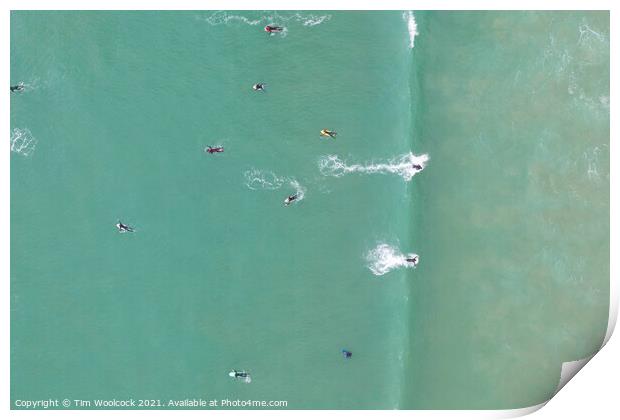 Newquay surfers Print by Tim Woolcock