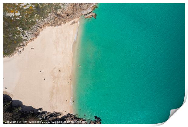 Aerial photograph of Porthcurno Beach nr Lands End, Cornwall, En Print by Tim Woolcock