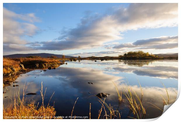 Serene Reflections: Autumn Sunrise on Loch Ba Print by Mark Greenwood