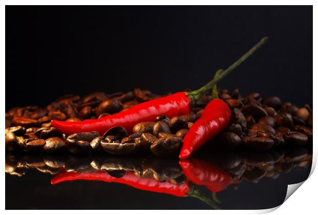 Black coffee and red chili in contrast  Print by Tanja Riedel