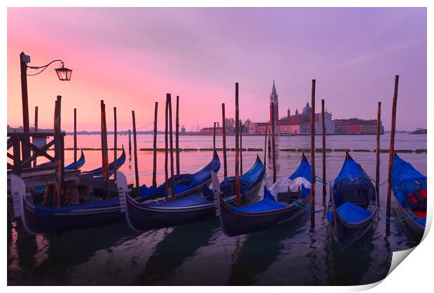 Gondola,s at the Riva degli Schiavoni Venice Print by Tony Bishop